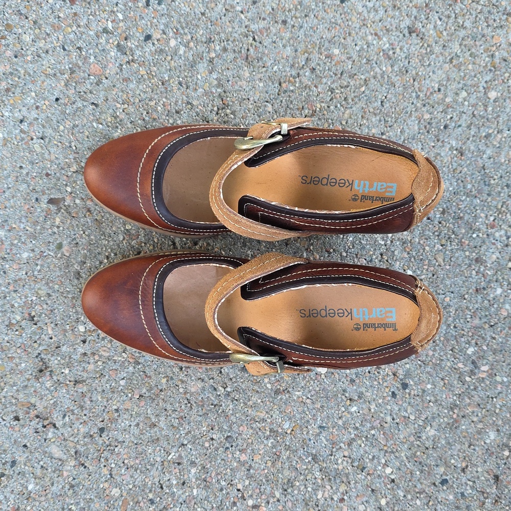 Timberland Brown Tan Leather Earth Keepers Chauncey Mary Jane Buckled Heels - Picture 3 of 10